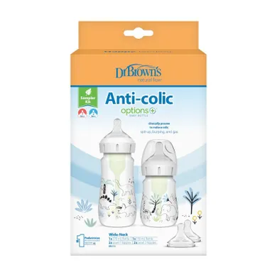 Dr Brown's, Options+, zestaw startowy: butelka, 150 ml + butelka, 270 ml + smoczek, poziom 1, 2 szt. + smoczek, poziom 2, 2 szt. + szczoteczka