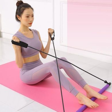 Drążek fitness z gumami do ćwiczeń, Pilates Bar, fioletowy
