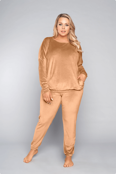 Dres damski, welurowy, plus size, beżowy, Juga, Italian Fashion