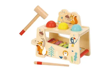 Drewniana zabawka dla dzieci, wbijak sensoryczny z młoteczkiem, cymbałki, 2w1