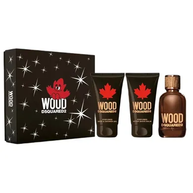 Dsquared2, Wood Pour Homme, zestaw: woda toaletowa, spray, 100 ml + żel pod prysznic, 100 ml + balsam po goleniu, 100 ml