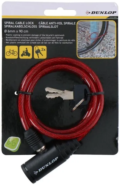 Dunlop, zapięcie rowerowe spiralne na klucz, czerwone, 90 cm