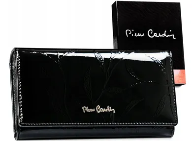 Duży damski portfel lakierowany z motywem liści, skóra naturalna, Pierre Cardin