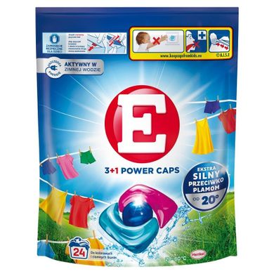 E, 3+1 Power Caps, kapsułki do prania kolorowych i ciemnych tkanin, 24 szt.