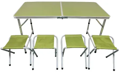 Enero Camp, stolik turystyczny, składany, kempingowy, 120-60-70/62/55 cm + krzesła, zielone, 4 szt.