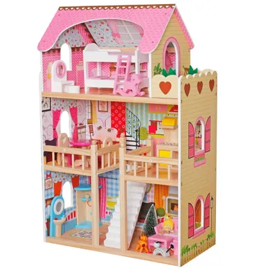 Enero Toys, drewniany domek dla lalek, LED, zestaw z lalkami i akcesoriami, XXXL