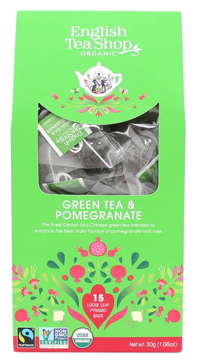 English Tea Shop, Bio Green Tea & Pomegranate, herbata liściasta, 15 piramidek