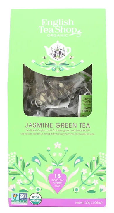 English Tea Shop, Bio Jasmine Green Tea, herbata liściasta, 15 piramidek