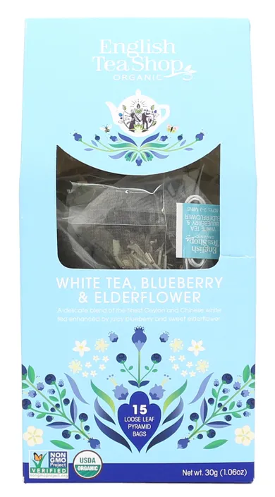 English Tea Shop, Bio White Tea Blueberry & Elder Flower, herbata liściasta, 15 piramidek