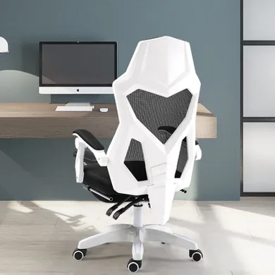 Ergonomiczny, obrotowy fotel biurowy z zagłówkiem i podnóżkiem, biały