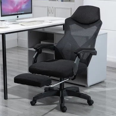 Ergonomiczny, obrotowy fotel biurowy z zagłówkiem i podnóżkiem, czarny