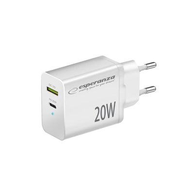 Esperanza, ładowarka sieciowa, biała, 20W, USB-C, PD 20W, USB-A, QC 3.0, 18W, EZC105W