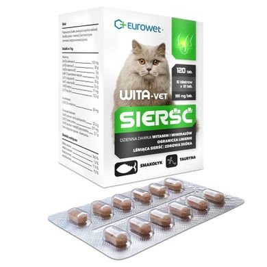 Eurowet, Wita-Vet Sierść, wsparcie sierści i skóry dla kota, 10 blistrów, 120 szt.