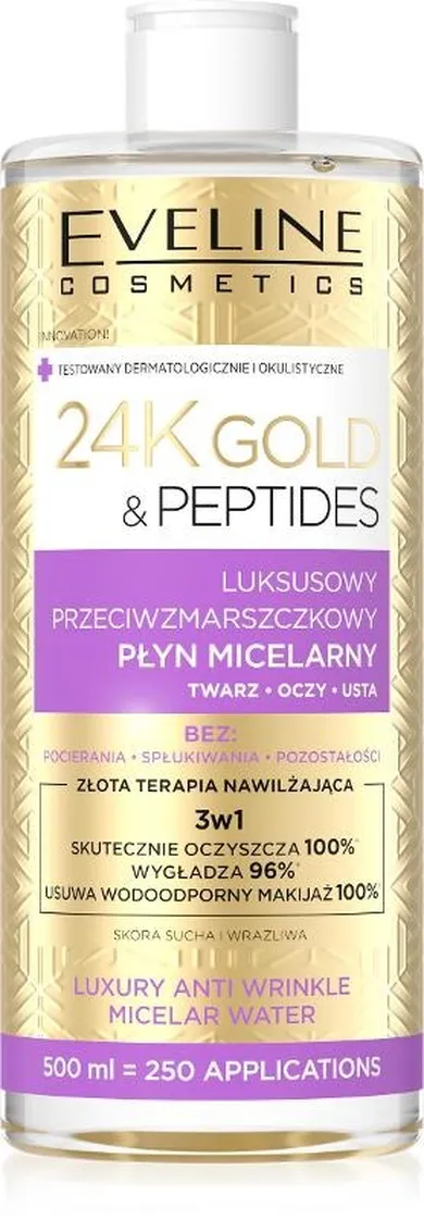 Eveline, 24k gold & peptides, luksusowy przeciwzmarszczkowy płyn micelarny, 3w1, 500 ml
