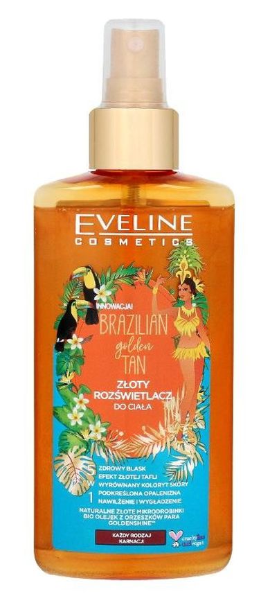 Eveline, Brazilian Body Golden Tan, złoty rozświetlacz do ciała 5w1, do każdego rodzaju karnacji, 150 ml