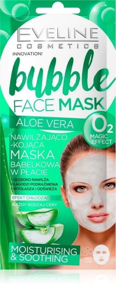 Eveline, Bubble Face, maska bąbelkowa w płacie, nawilżająco-kojąca, Aloe Vera