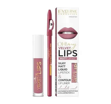 Eveline Cosmetics, Oh! My Velvet Lips Liquid Matt Lip Kit, zestaw: matowa pomadka w płynie 4.5 ml + konturówka do ust, 13 Brownie Biscotti, 1 szt.