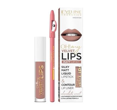 Eveline Cosmetics, Oh! My Velvet Lips Liquid Matt Lip Kit, zestaw: matowa pomadka w płynie 4.5 ml + konturówka do ust, 11 Cookie Milkshake, 1 szt.