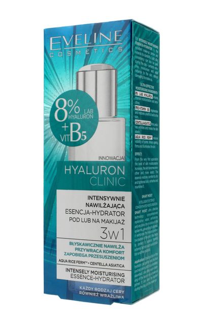 Eveline, Hyaluron Clinic, intensywnie nawilżająca Esencja-Hydrator pod lub na makijaż 3w1, 110 ml