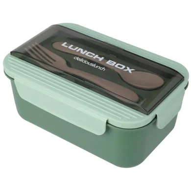Excellent Houseware, lunchbox ze sztućcami, zielony, 21-14-7 cm