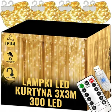 Extralink, kurtyna świetlna LED, 3-3m, 300x LED, biały ciepły, sople wewnętrzne, girlanda