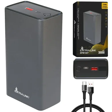 Extralink, powerbank, 65W PD, USB-C, 30000mAh, srebrny, EPB-127