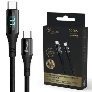 Extralink, Smart Life USB Type-C to Type-C Cable Braided, kabel USB-C z wyświetlaczem LED, 200 cm
