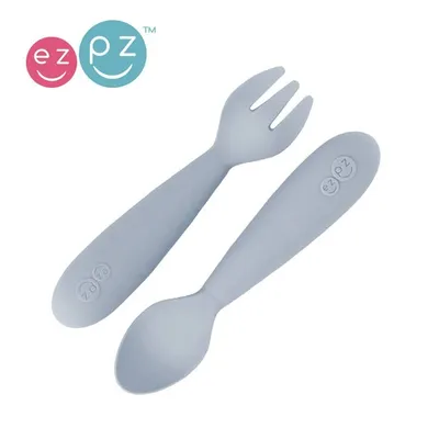 Ezpz, Mini Utensils, komplet silikonowych sztućców, pastelowy szary