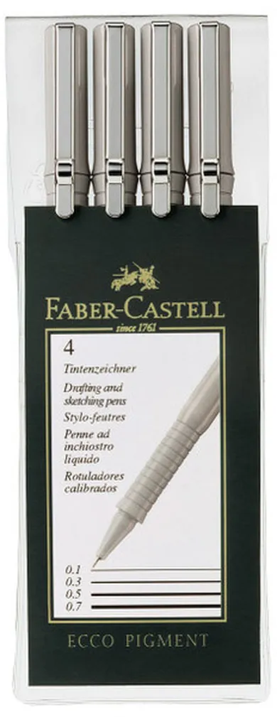 Faber-Castell, Ecco Pigment, cienkopis kreślarski, 4 szt. 0,1, 0,3, 0,5, 0,7