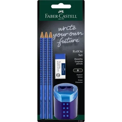 Faber-castell, Grip, zestaw: 3 ołówki + gumka i temperówka, niebieski