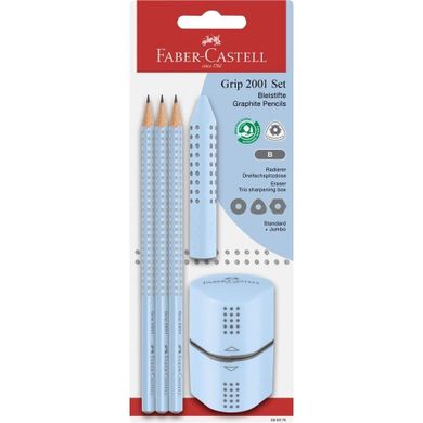 Faber-Castell, ołówek z gumką + temperówka, błękitny, 3 szt.