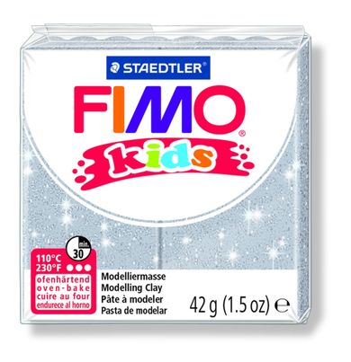 Fimo, masa plastyczna termoutwardzalna, Kids, srebrny brokatowy, 42g, kostka