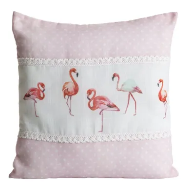 Flamingo, poszewka z motywem zwierząt zdobiona koronką, 40-40 cm