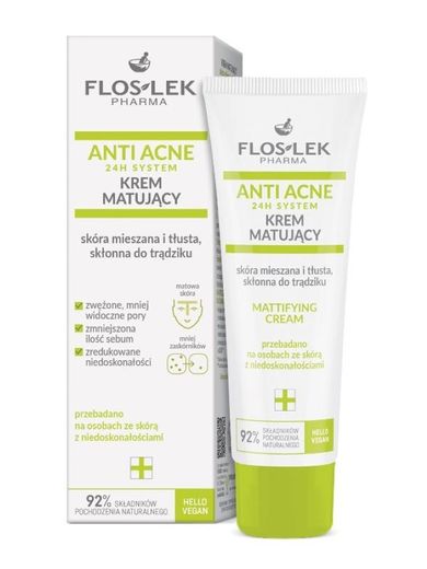 Floslek, Anti Acne 24h system, krem matujący do cery mieszanej, tłustej skłonnej do trądziku, 50 ml