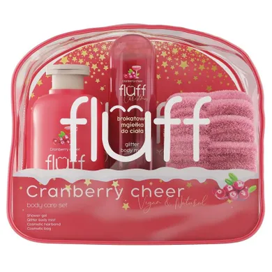 Fluff, Cranberry Cheer, zestaw: żel pod prysznic, 200 ml + brokatowa mgiełka do ciała, 80 ml + opaska kosmetyczna