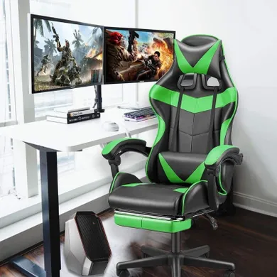 Fotel komputerowy z podnóżkiem, czarno-zielony