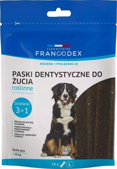 Francodex, paski do gryzienia na kamień i brzydki zapach z pyska, przysmak dla psa, rozmiar L, 502.5g, 15 szt.