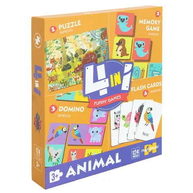 Funny Gamers, Animal, zestaw 4w1, puzzle + memory + domino + fiszki, 124 elementy