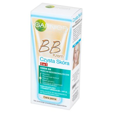 Garnier, Czysta skóra, krem BB przeciw niedoskonałościom do cery jasnej 5w1 SPF 15, 50 ml