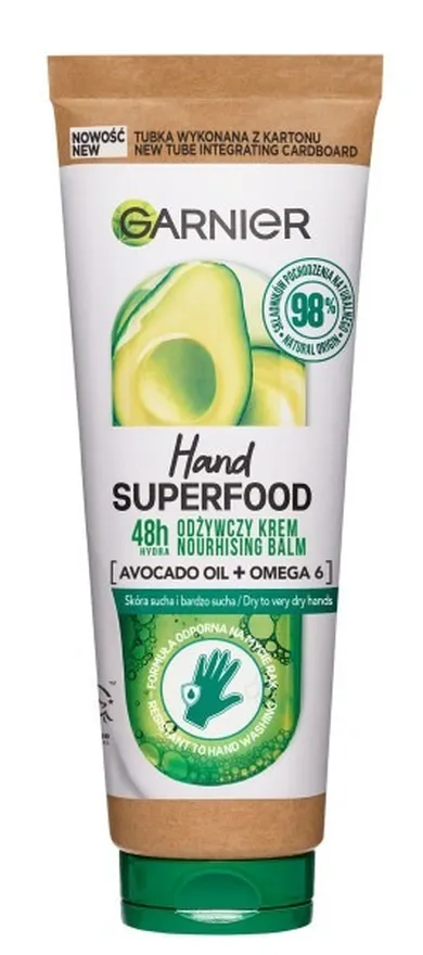 Garnier, Hand Superfood, odżywczy krem do rąk, avocado oil + omega 6, do skóry suchej i bardzo suchej, 75 ml