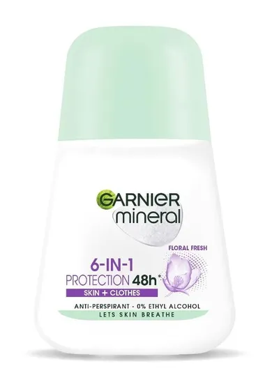 Garnier, Mineral, dezodorant roll-on, 6in1 Protection 48h floral Fresh, skin+clothes, 50 ml