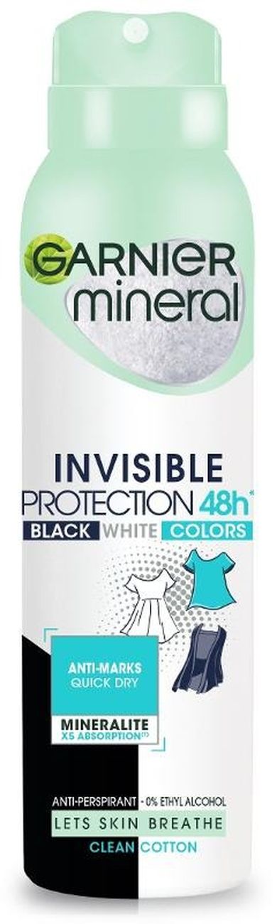 Garnier, Mineral, dezodorant, spray, Invisible Protection 48h Clean Cotton, Black, White, Colors, 150 ml