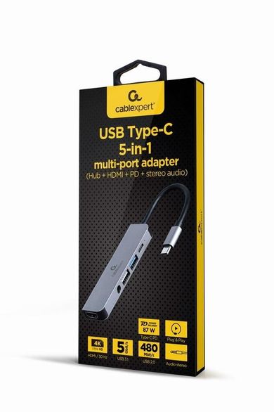 Gembird, adapter USB-C, 5w1, PD, HDMI, Audio, USB 3.1, USB 2.0