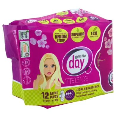 Gentle Day, Teens Mini Pads With Far-IR Anion Strip, podpaski higieniczne z paskiem anionowym eco, 12 szt.