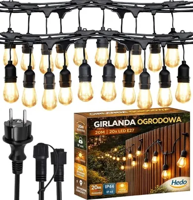 Girlanda ogrodowa świetlna, 20m, 20 żarówek LED, sieciowa, wodoszczelna