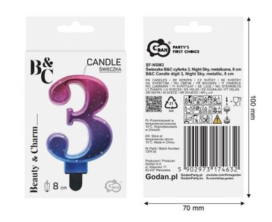 Godan, B&C, świeczka cyferka 3, Night Sky metal, 8 cm