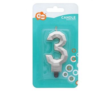 Godan, świeczka cyferka 3, Diament, metalik srebrny, 7,6 cm