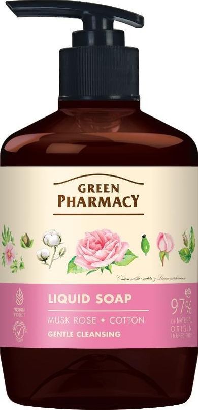 Green Pharmacy, mydło w płynie róża piżmowa + bawełna, 460 ml