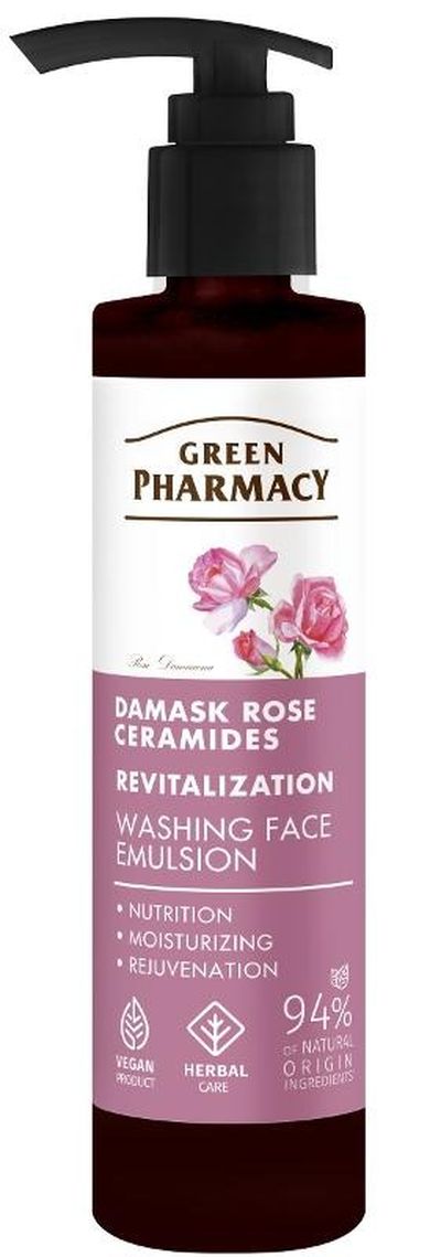 Green Pharmacy, rewitalizująca emulsja do mycia twarzy, róża damasceńska + ceramidy, 150 ml