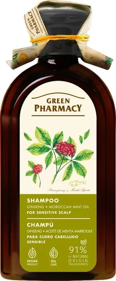Green Pharmacy, szampon do wrażliwej skóry głowy, żeń-szeń i marokański olej miętowy, 350 ml
